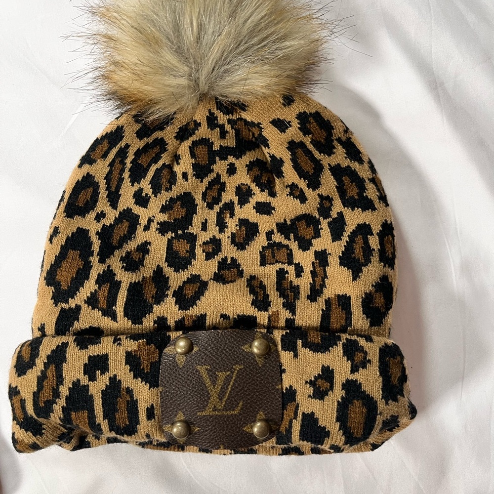 Louis Vuitton Leopard Print Tan and Black Pom Beanie
